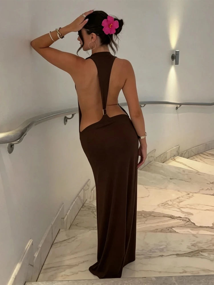 Sexy Green Hollow-out Maxi Dress Women Fashion Sleeveless Backless Pleated Slim Female Dresses Summer Party Evening Robe 2026