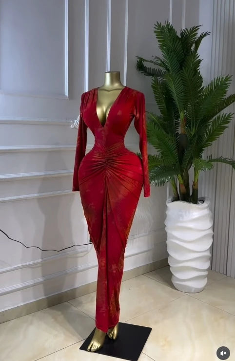Printed Deep V Neck Ruched Bodycon Midi Dress