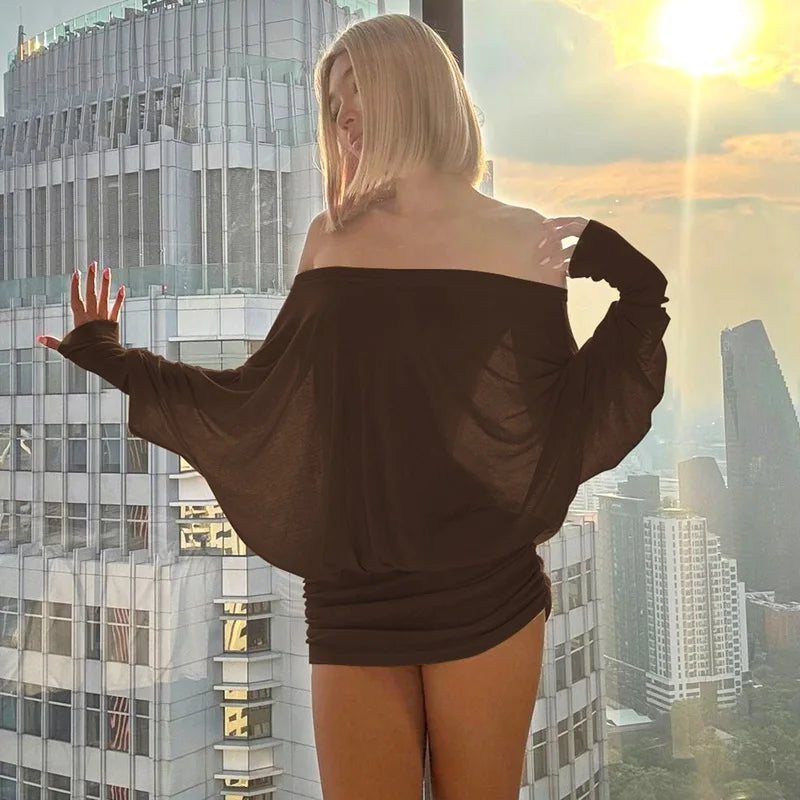Chic Off Shoulder Sheer Mini Dress For Elegant