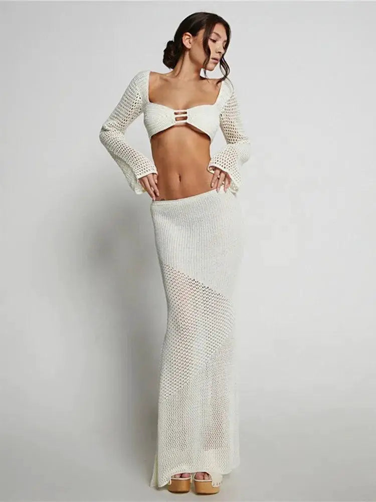 Womens Crochet Knit 2 Piece Set Backless Crop Top Skirt