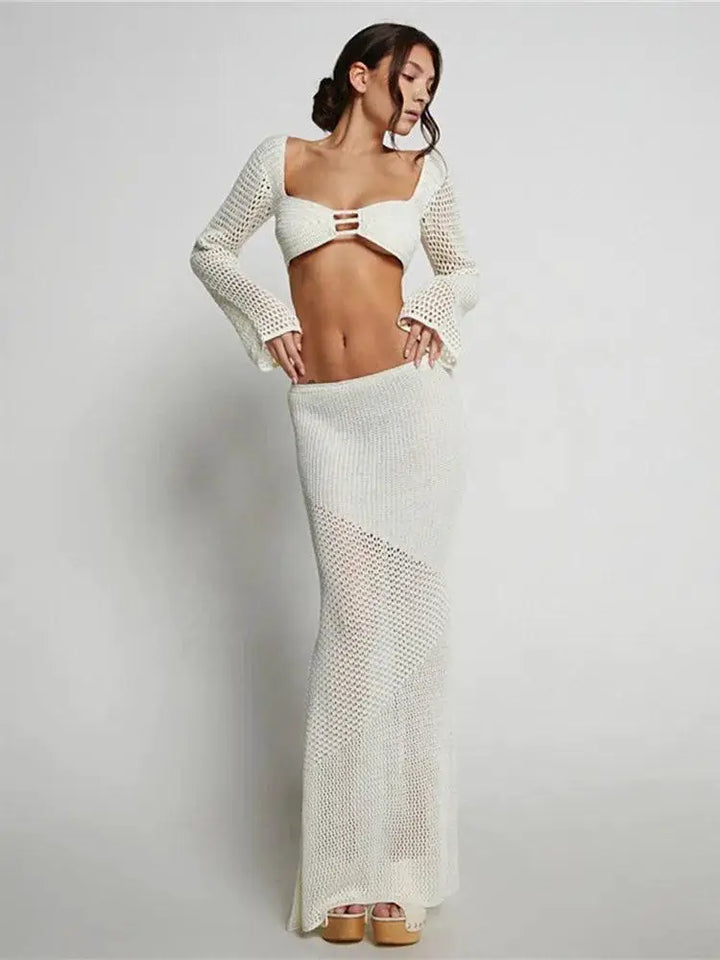 Womens Crochet Knit 2 Piece Set Backless Crop Top Skirt