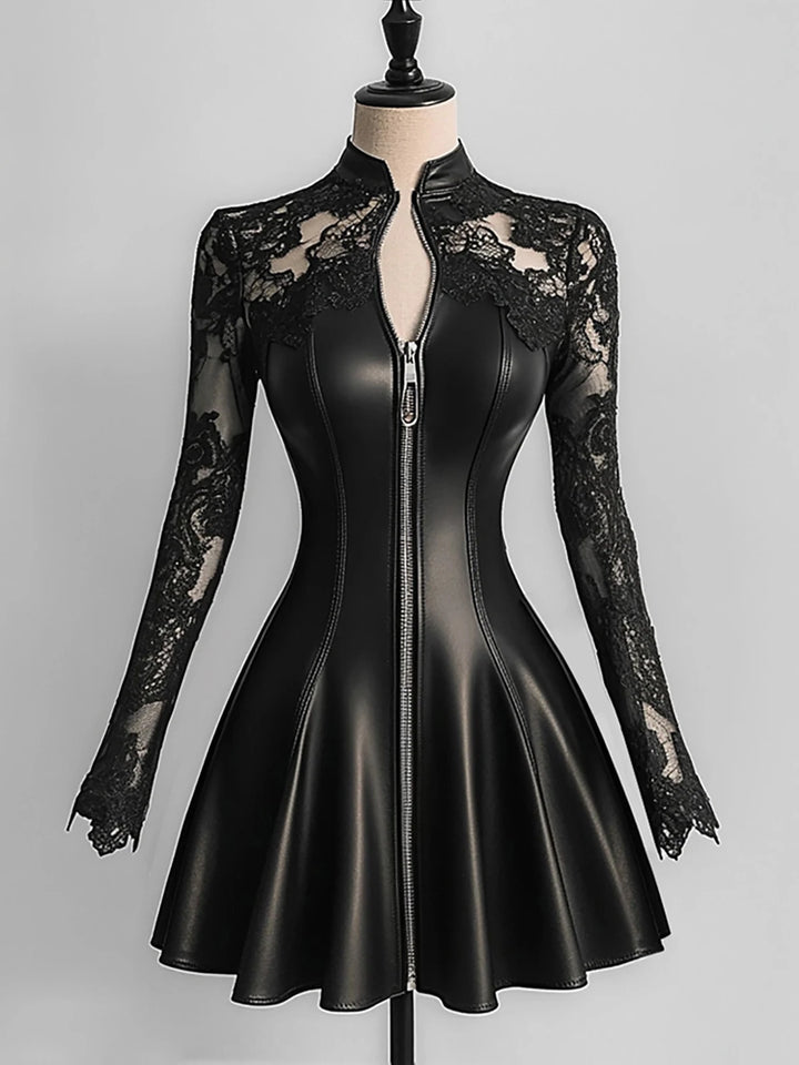 Limited Black Lace Plus Pu Leather Patchwork Dress