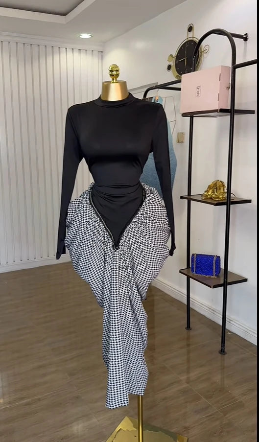 Patchwork Ruched Long Sleeve Bodycon Dress