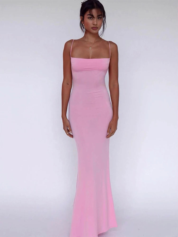 Y2K Solid Sleeveless Backless Bodycon Maxi Dress