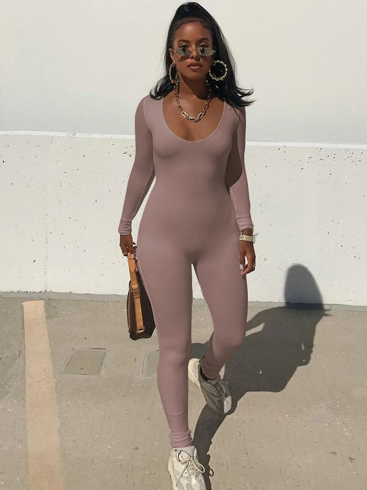 Hugcitar 2025 Square Collar Bodycon Jumpsuit Women