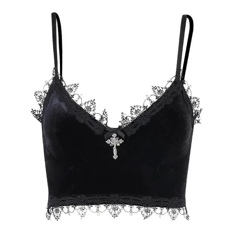 Gothic Cross Print Lace Trim Crop Top Edgy Corset Tank