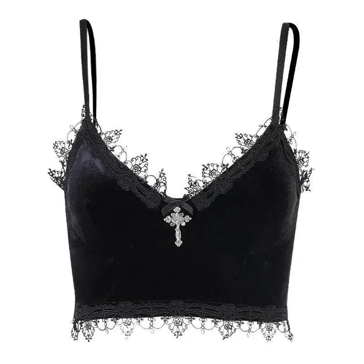 Gothic Cross Print Lace Trim Crop Top Edgy Corset Tank