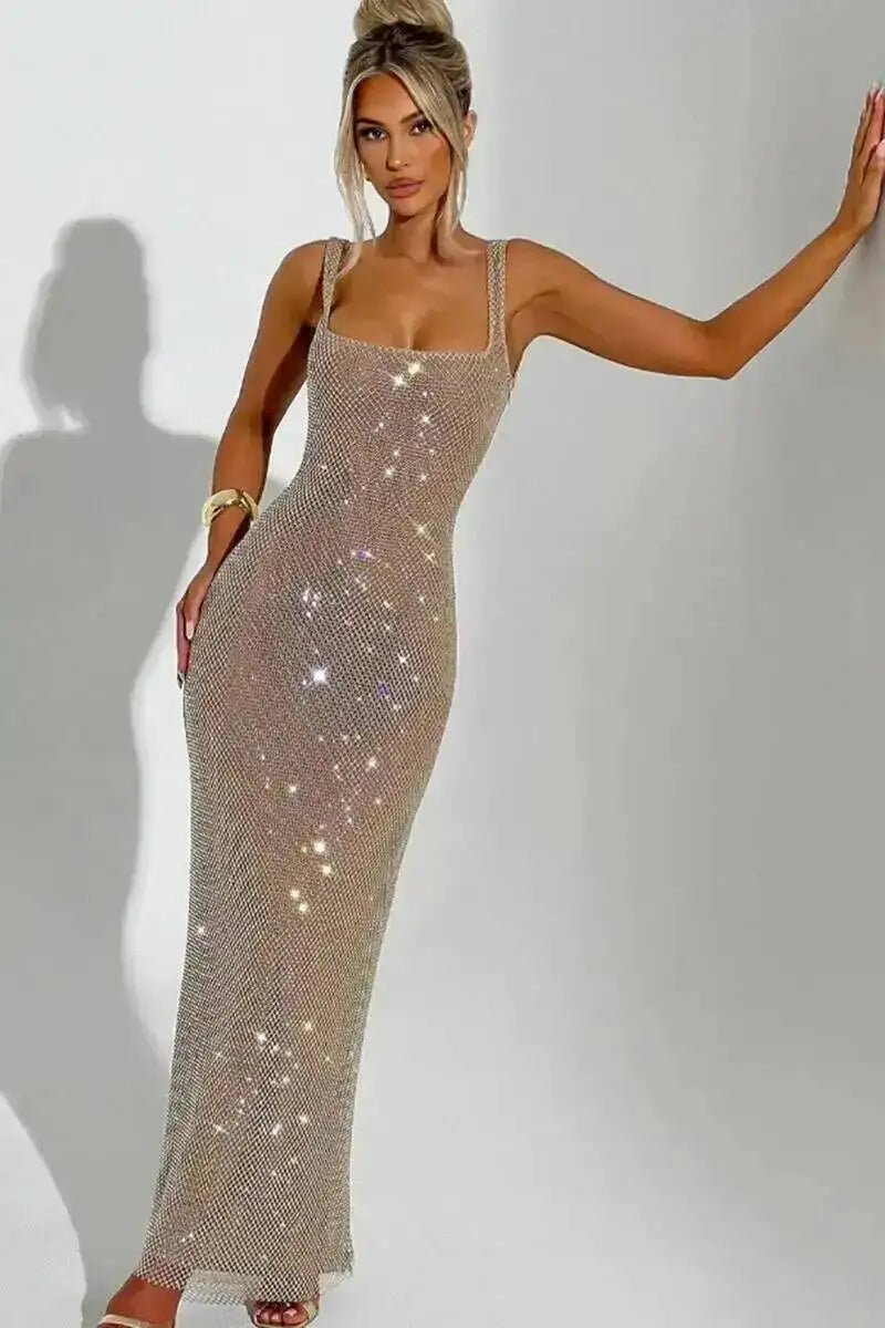 Sleeveless Sequined Mesh Maxi Dress Bodycon