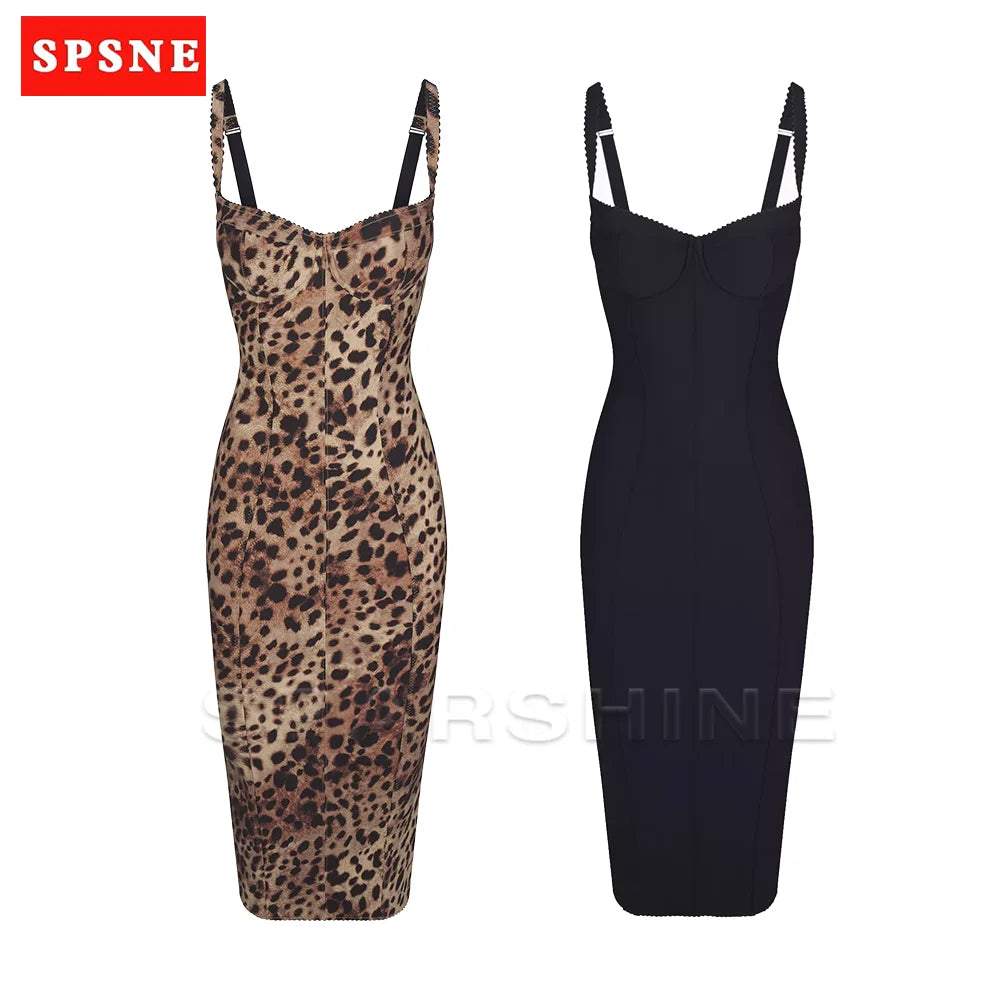 Leopard Print Bodycon Midi Dress Evening Clubwear