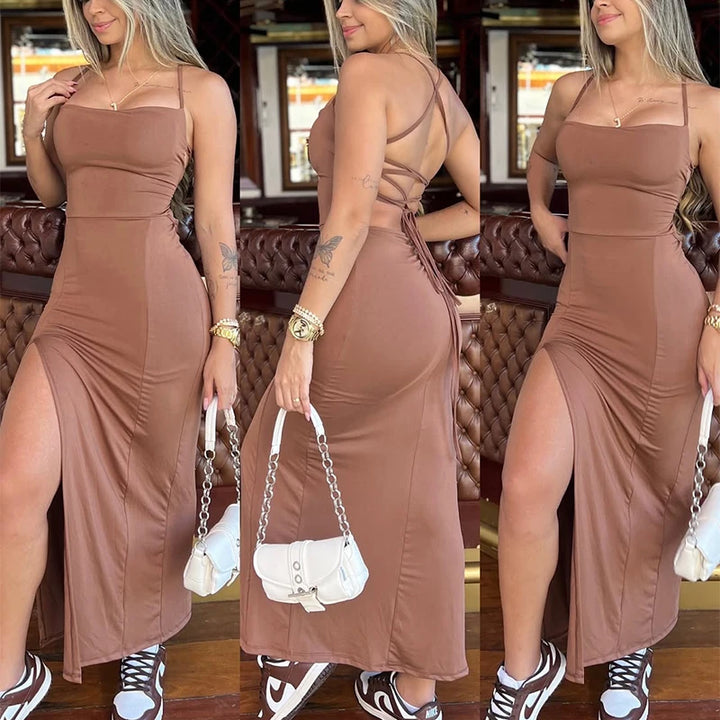 Red Sleeveless Spaghetti Strap Backless Dress