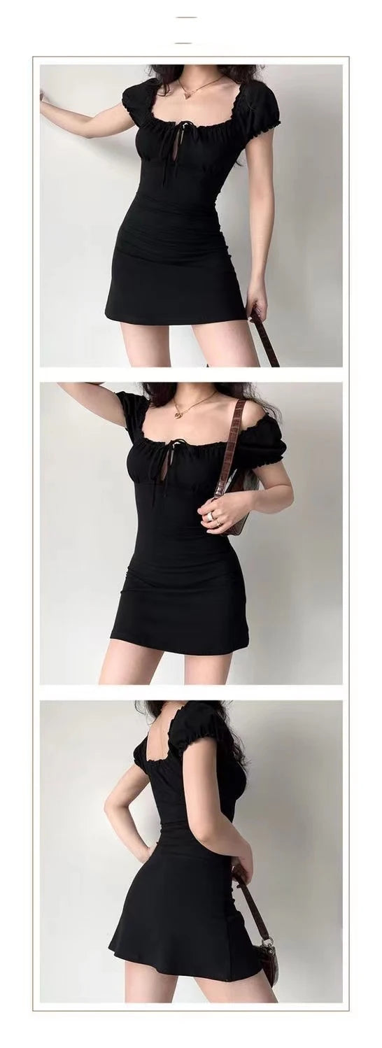 Chic Black Square Collar Mini Dress With Puff