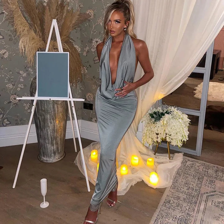 Elegant Backless Halter Midi Dress Premium Knit