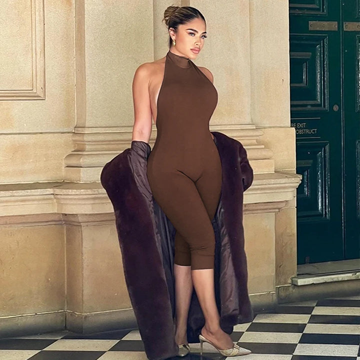 Elegant Ribbed Knit Halter Neck Bodycon Jumpsuit