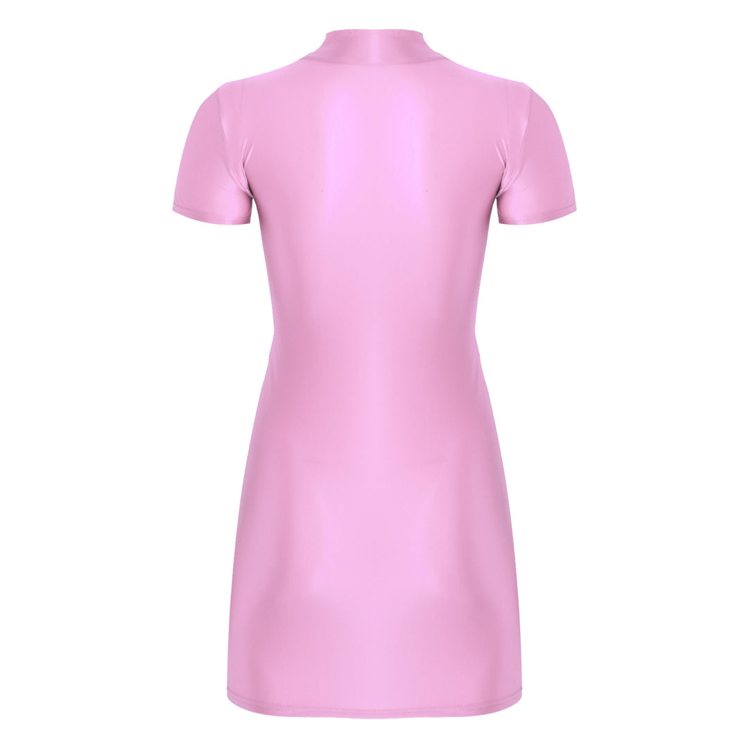 Signature Glossy Mock Neck Mini Dress For Tropical