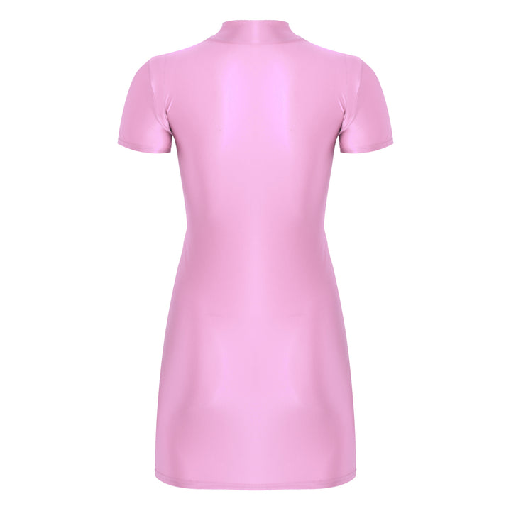 Signature Glossy Mock Neck Mini Dress For Tropical
