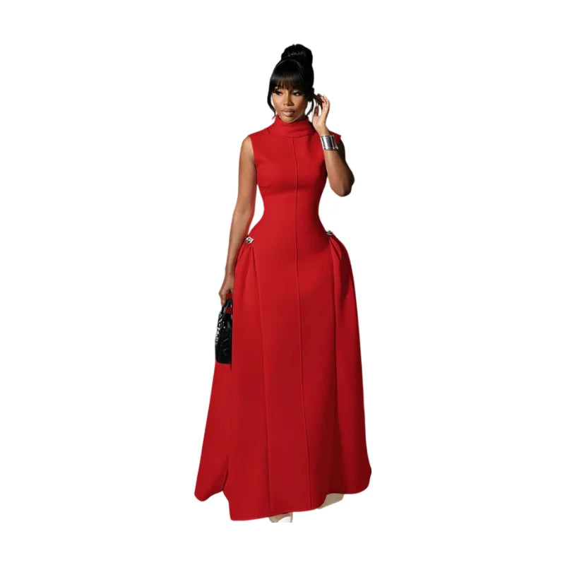 Elegant Women High Neck Sleeveless Fitted Maxi Dress For Formal Wedding Gal