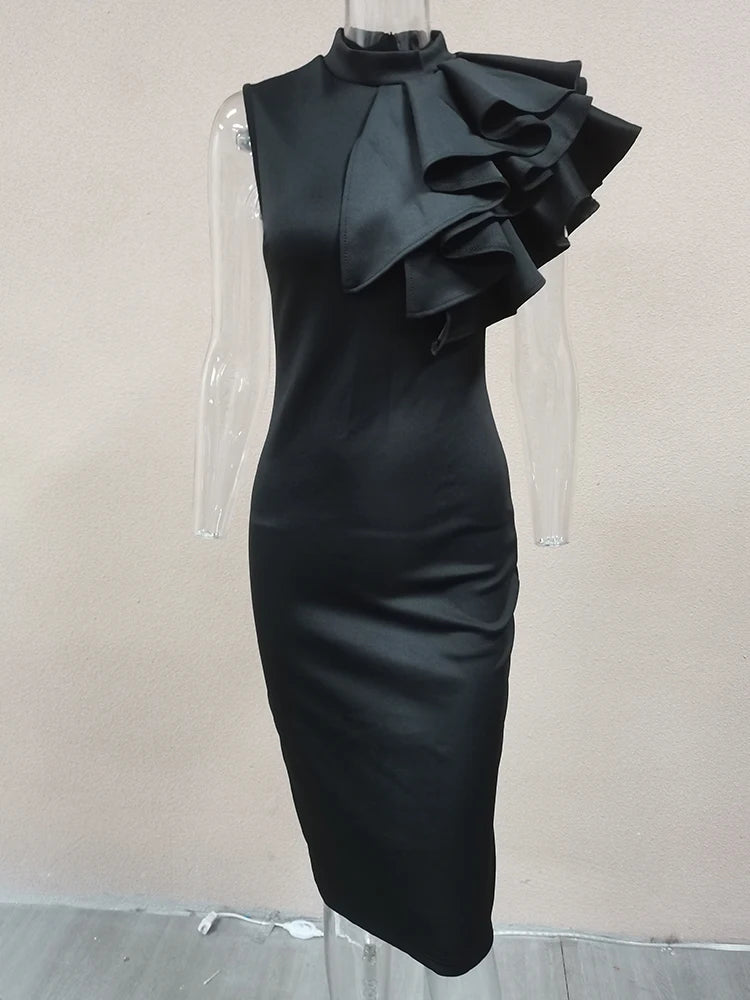Stunning One Shoulder Midi Evening Dress With
