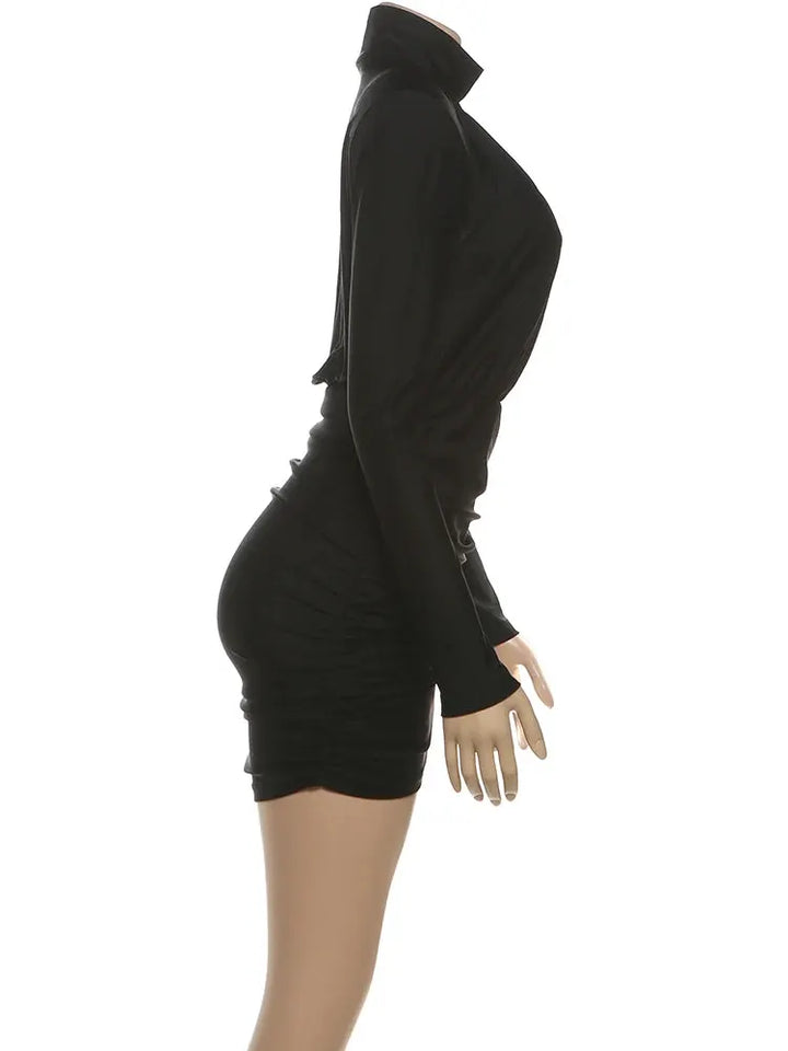 Nibber Classic Turtleneck Dress Women Shoulder Padded Ruched Sexy Office Commute Simple Peach Hip Skinny Elegant Mini Bodycon