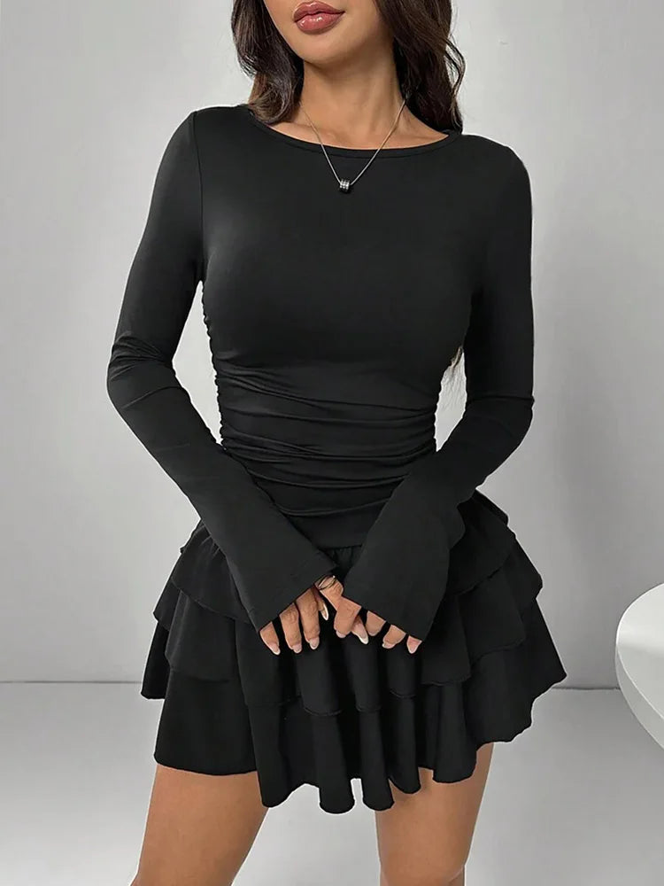 Autumn Winter Solid Color Slim Fit Ruffles Dress