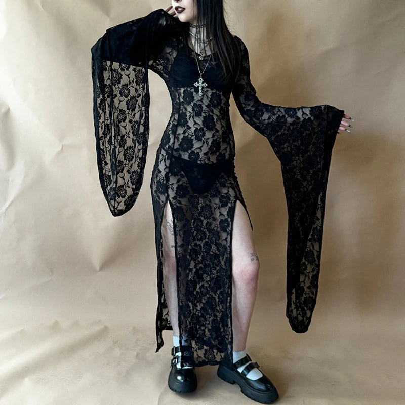 Egirl Goth Punk Sheer Lace Maxi Dress Long Sleeve
