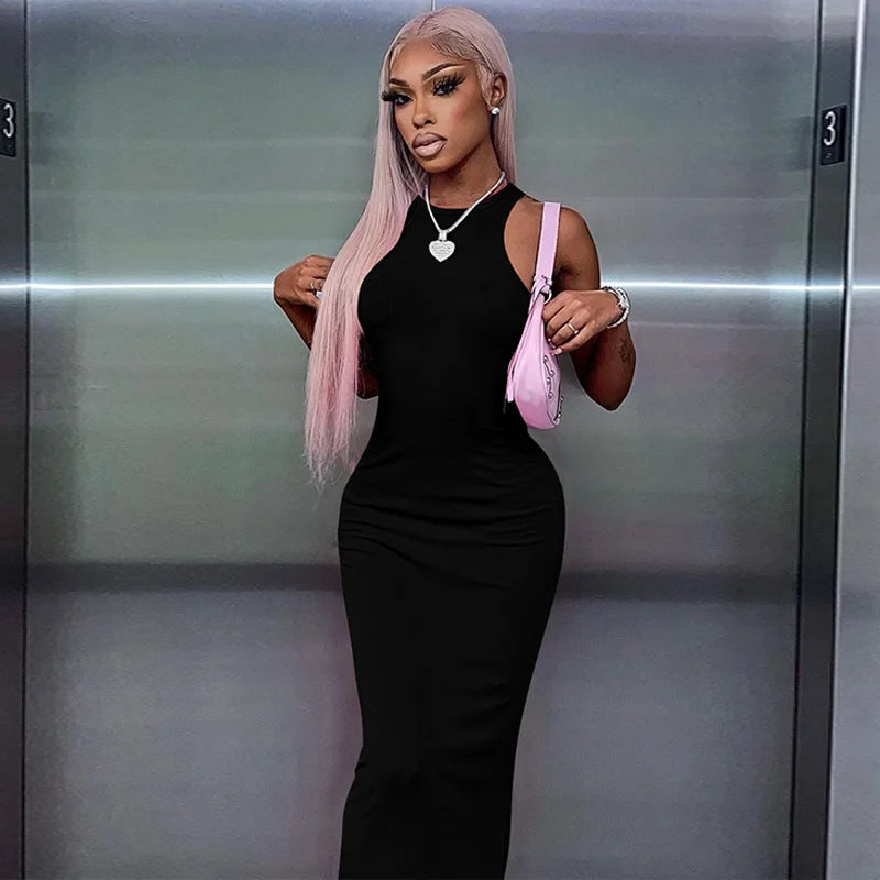 Luxury Architectural Ribbed Sleeveless Maxi Dress