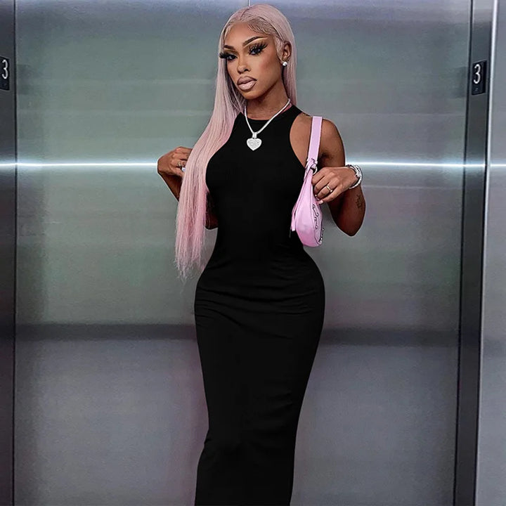Luxury Architectural Ribbed Sleeveless Maxi Dress