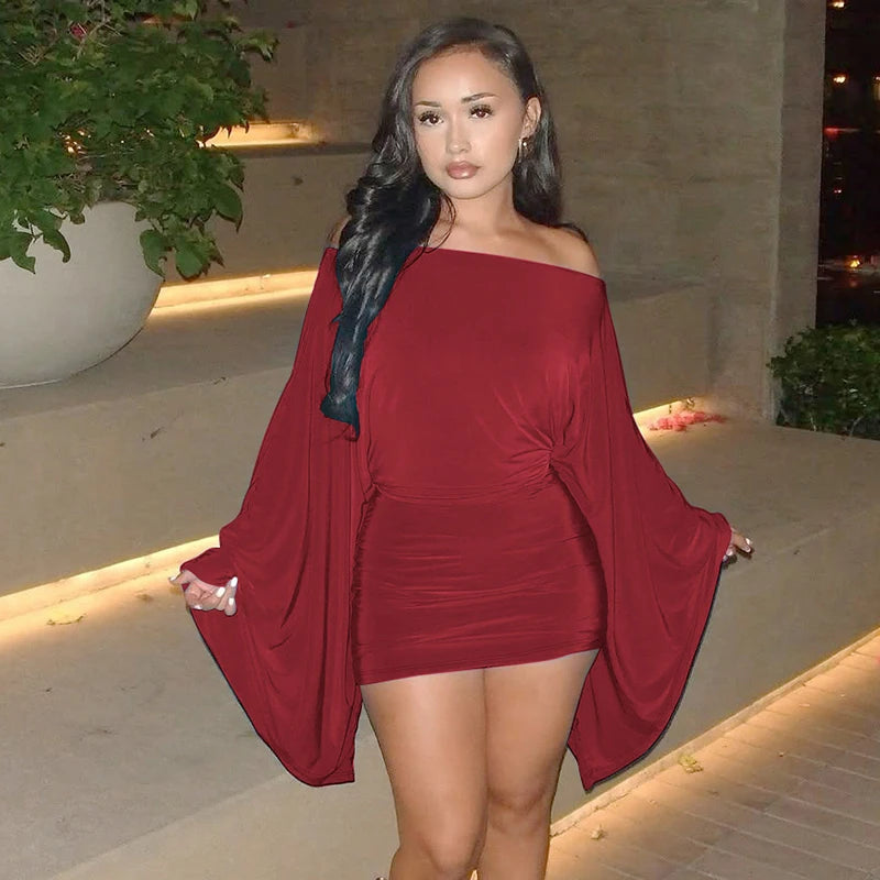 Elegant Ruched Mini Knit Dress With Cloak Sleeves