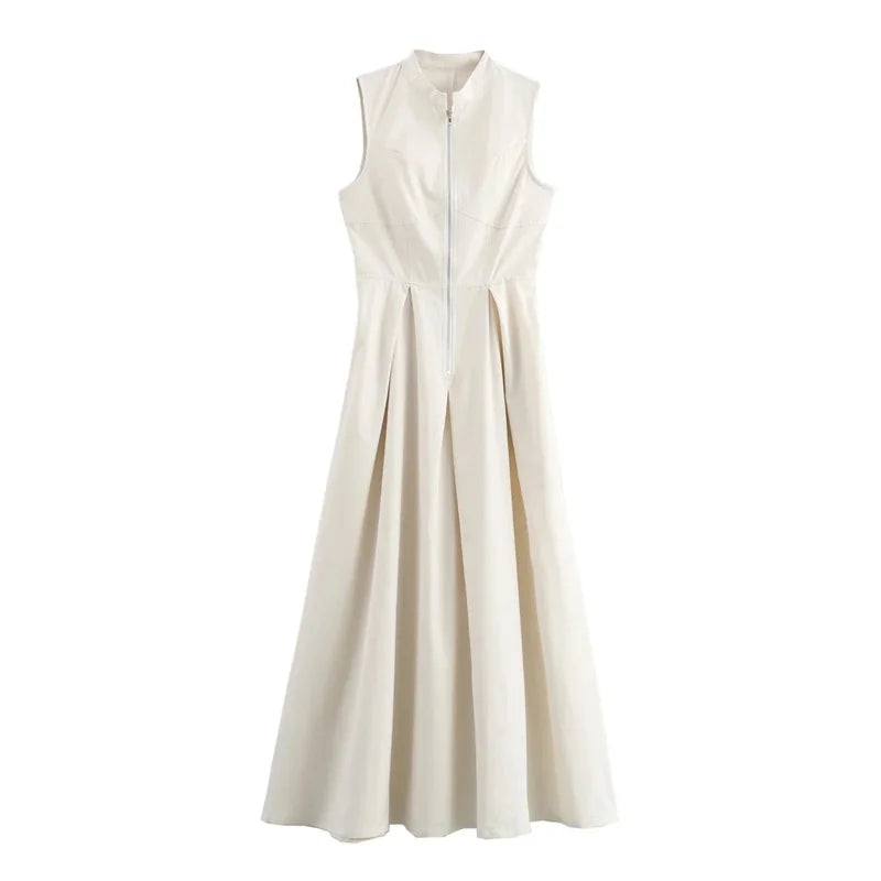 Mujer Zipper Long Pleated Sleeveless Midi Dress