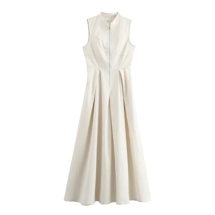 Mujer Zipper Long Pleated Sleeveless Midi Dress