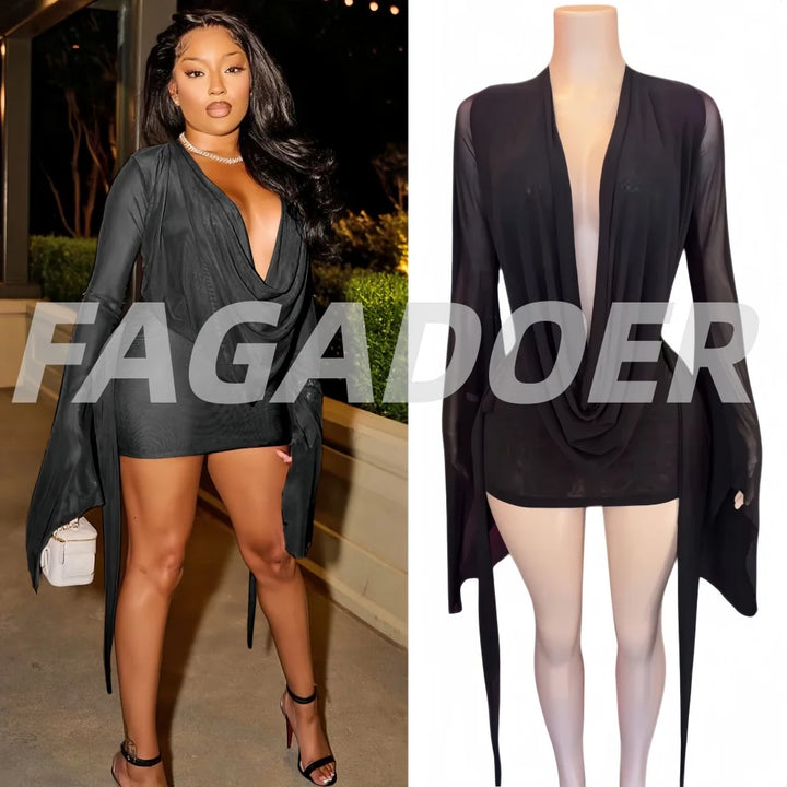 Fagadoer Mesh See Through Mini Bodycon Dress Women