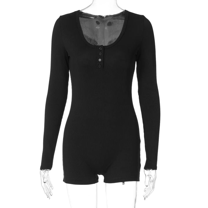 Stylish Ribbed Knit Bodycon Playsuit With Buttons
