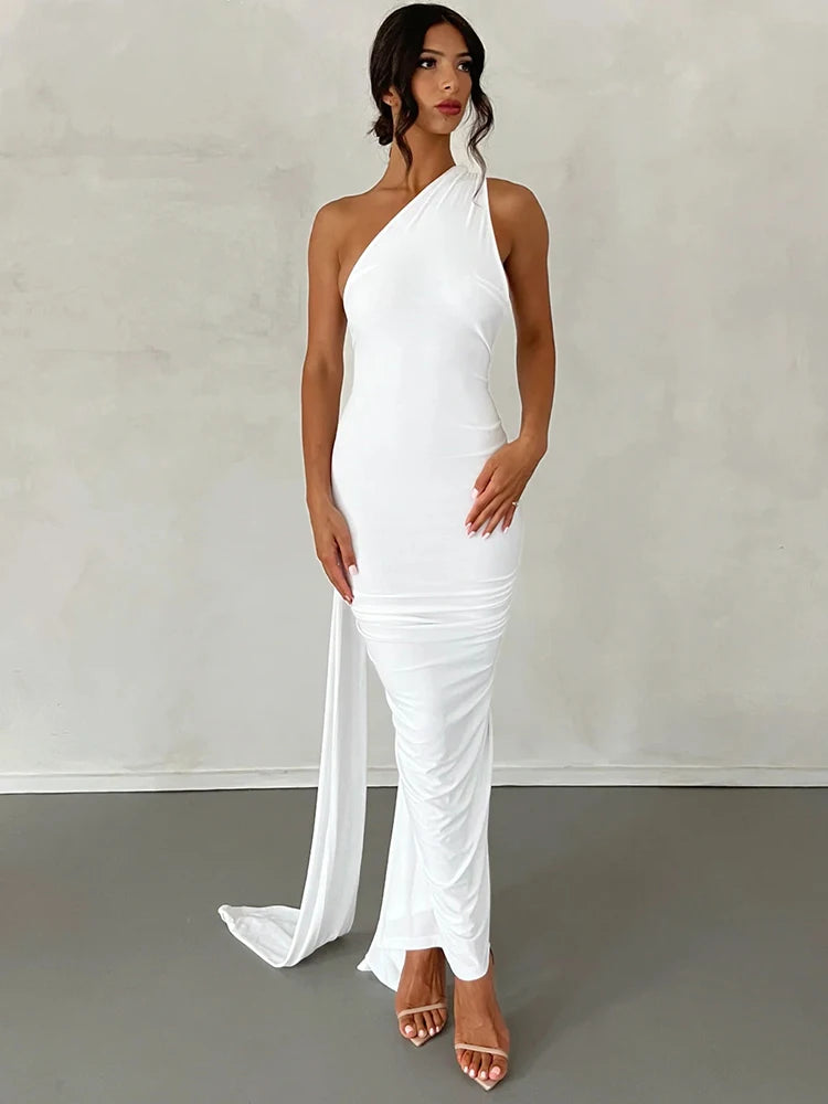 Elegant Y2k One Shoulder Maxi Dress Scarf Backless