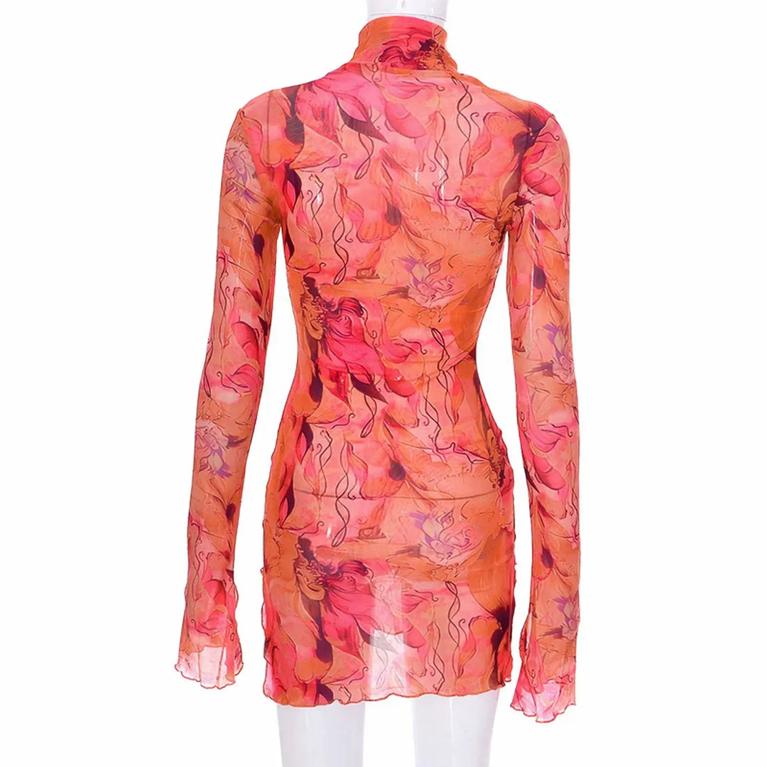 Ladies Mesh Printed Y2k Vintage Dress High Street Slim Elastic Bodycon Party Dress Round Neck Bell Sleeve Side Open Hip Dresses