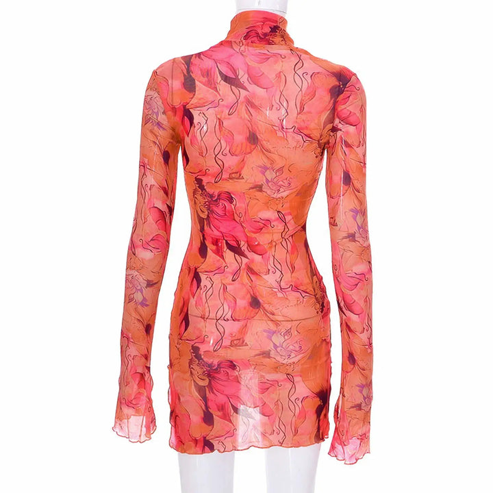 Ladies Mesh Printed Y2k Vintage Dress High Street Slim Elastic Bodycon Party Dress Round Neck Bell Sleeve Side Open Hip Dresses