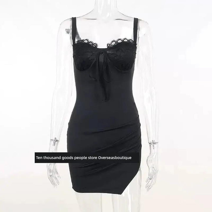 Split Spy Girl Strap Dress V Neck Lace Trim Slim Fit Slit - OurLum.com