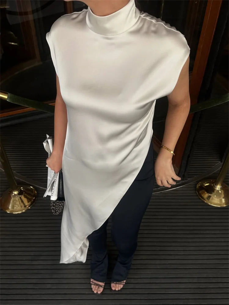 Stylish Satin Turtleneck Sleeveless Maxi Dress For Casual Commute