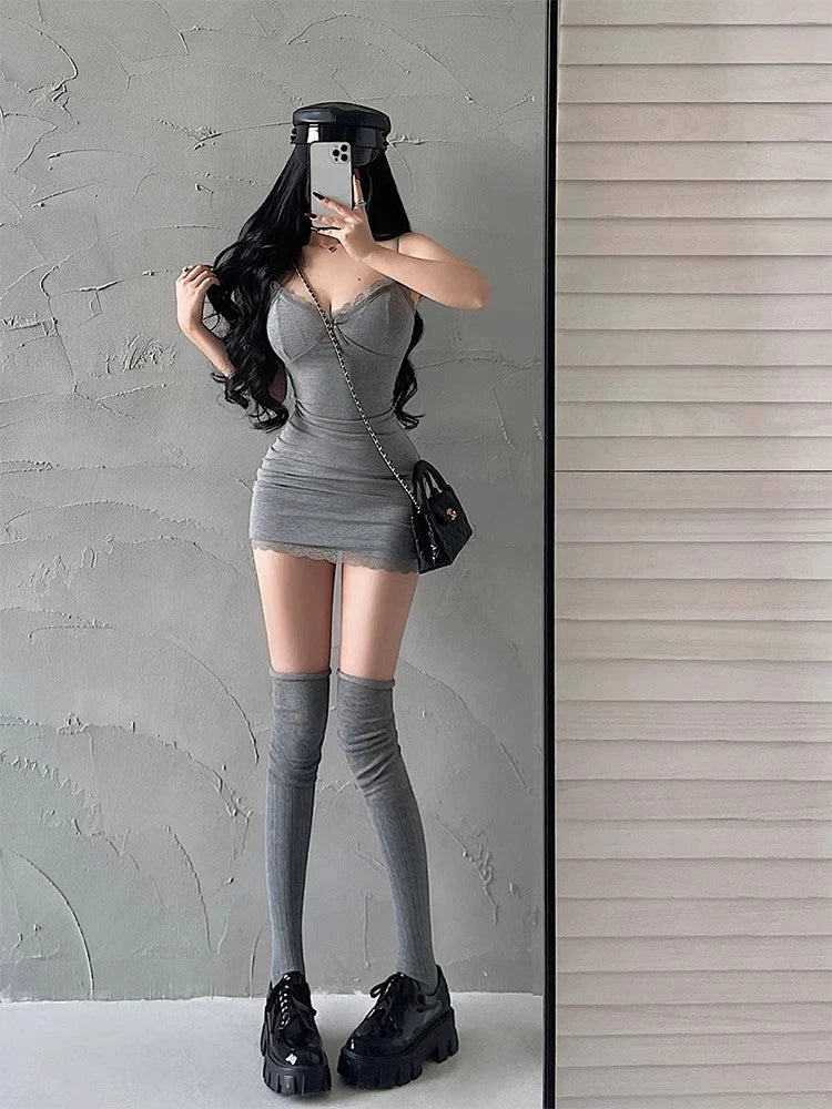 JeYongZoo Black Y2K Lace Bodycon Mini Dress
