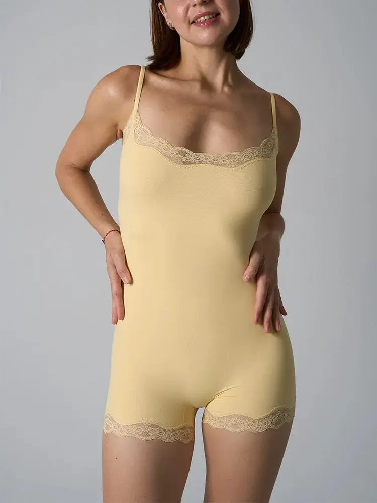 Hot Women Sexy Lace Patchwork Bodysuit Sports FitnessSkinny Shaperwear Camisole Square Neck Spaghetti Strap Slimming Bodycon
