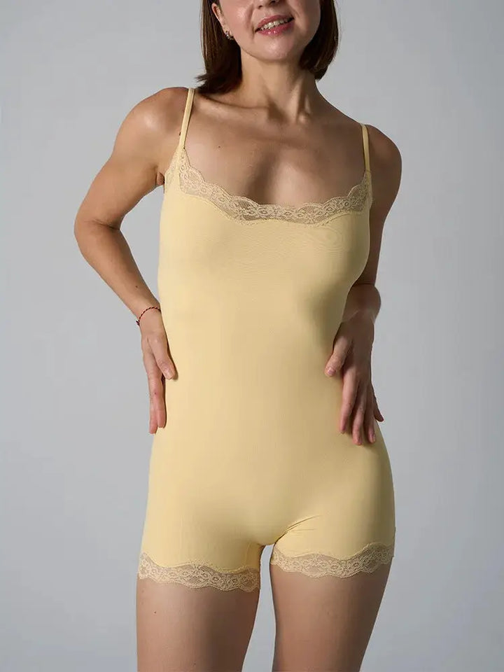 Hot Women Sexy Lace Patchwork Bodysuit Sports FitnessSkinny Shaperwear Camisole Square Neck Spaghetti Strap Slimming Bodycon