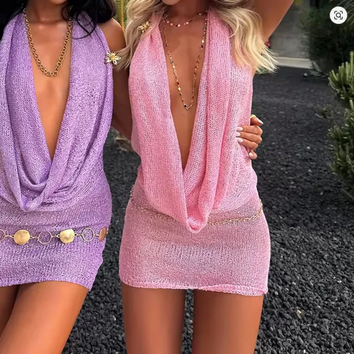 Sexy Deep V Neck Knit Mini Backless Dress Halter