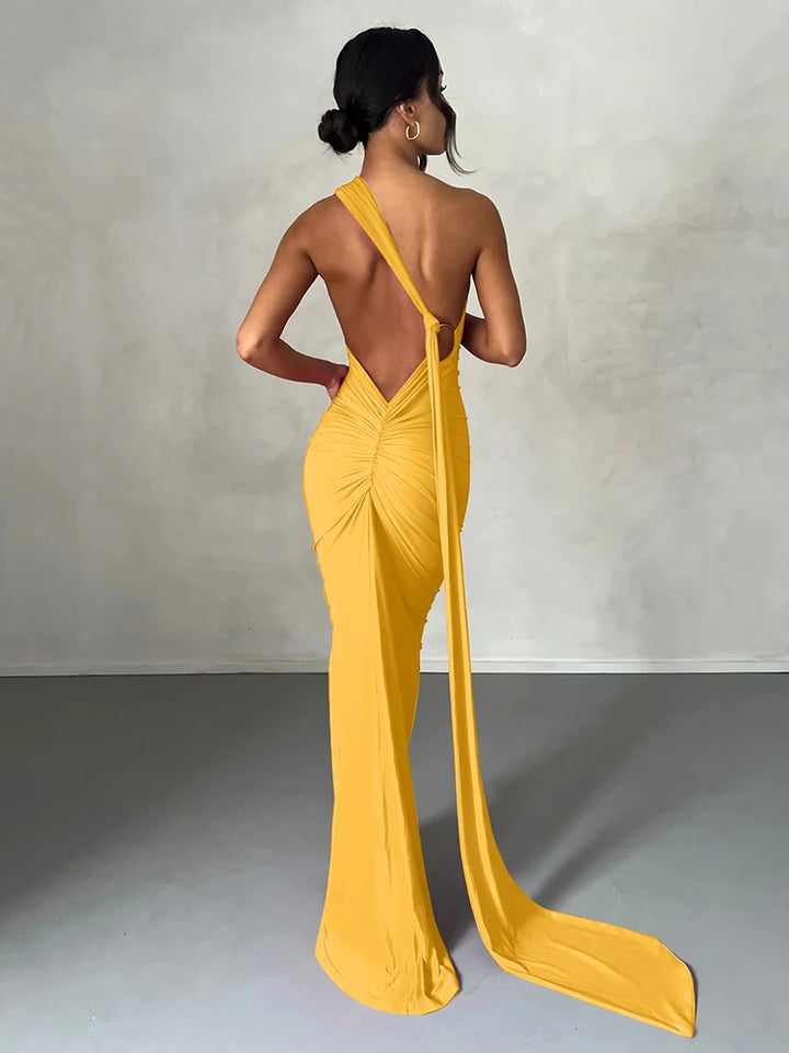 Elegant Y2k One Shoulder Maxi Dress Scarf Backless