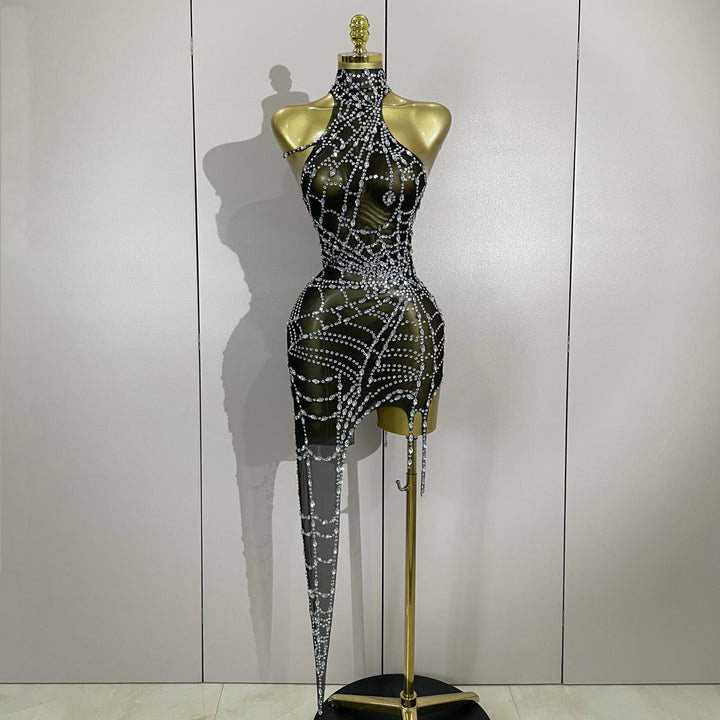 Sparkly Diamond Mesh Asymmetric Bodycon Mini Dress