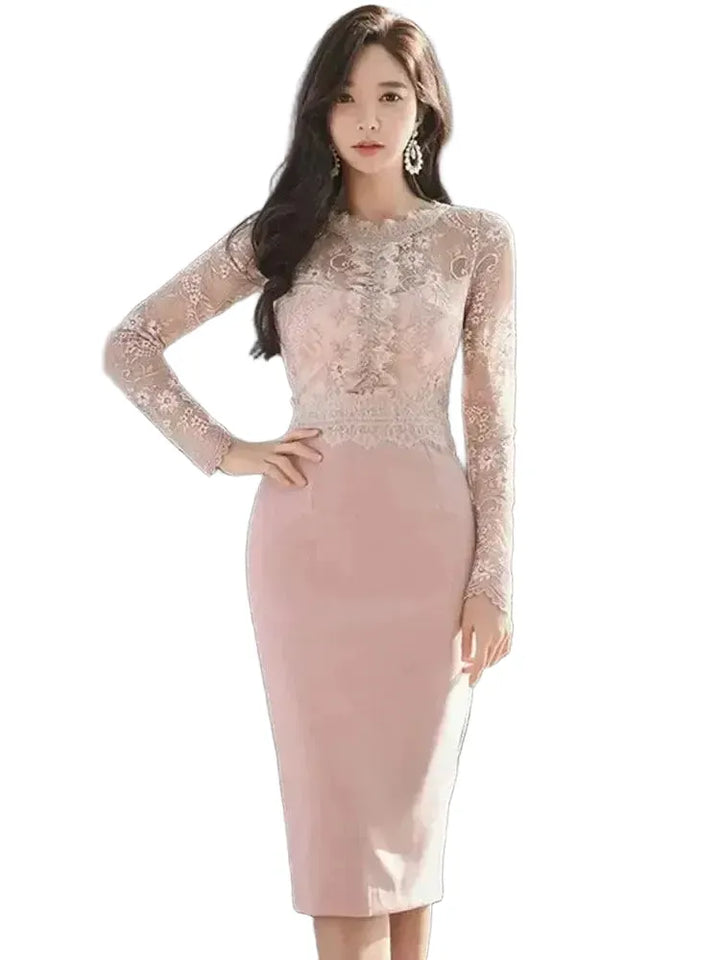 Korean Retro Lace Sheath Dress For Office Casual Wear