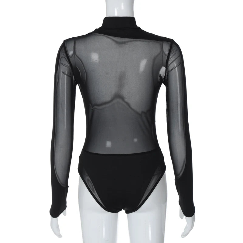 Hugcitar Black Turtleneck Sheer Bodysuit For Women