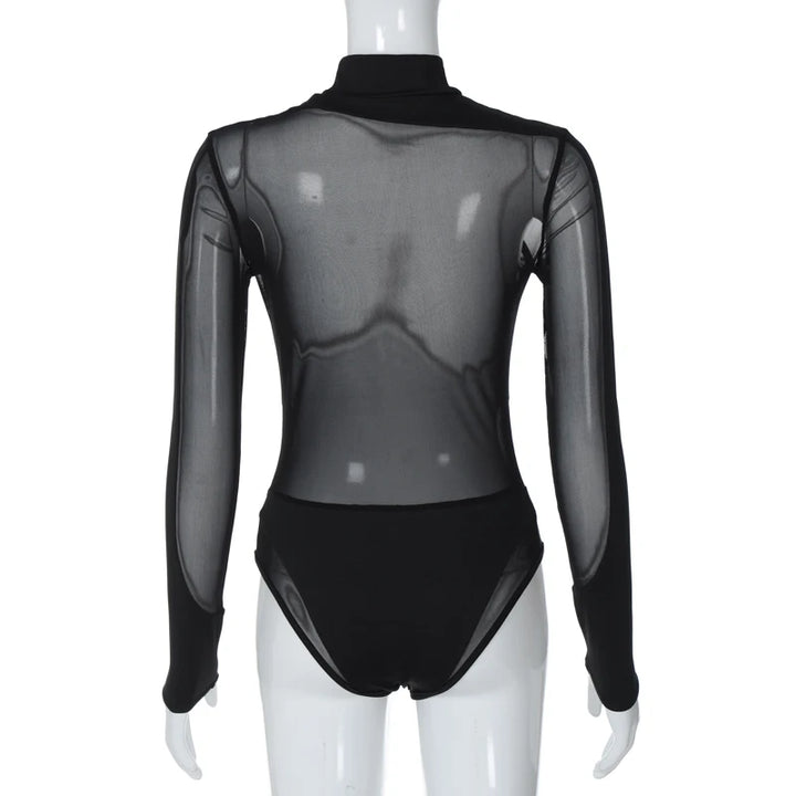 Hugcitar Black Turtleneck Sheer Bodysuit For Women