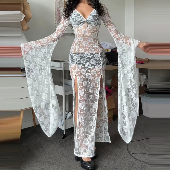 Egirl Goth Punk Sheer Lace Maxi Dress Long Sleeve