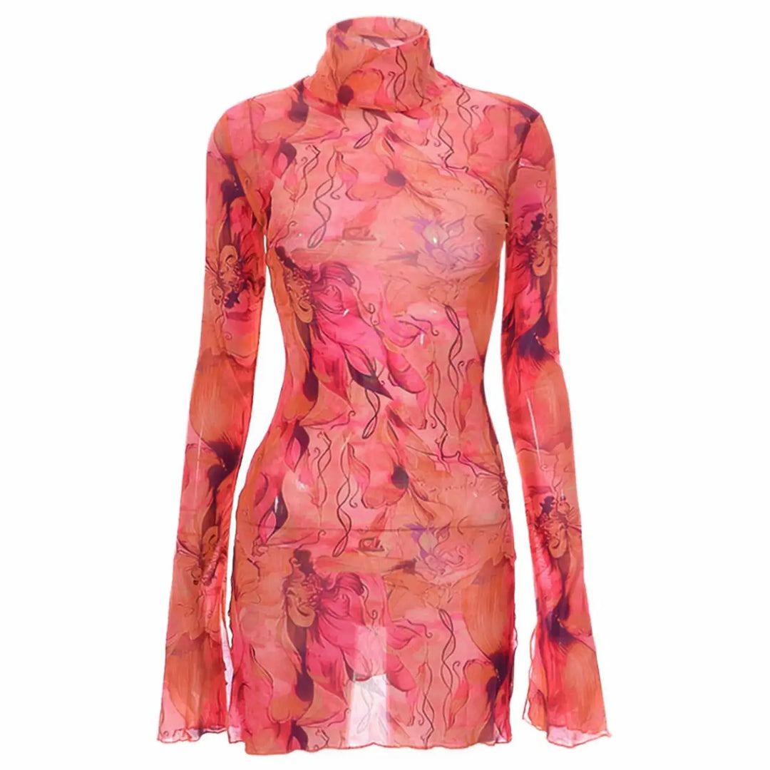 Ladies Mesh Printed Y2k Vintage Dress High Street Slim Elastic Bodycon Party Dress Round Neck Bell Sleeve Side Open Hip Dresses