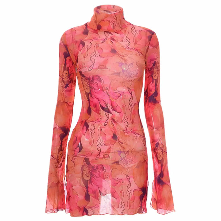 Ladies Mesh Printed Y2k Vintage Dress High Street Slim Elastic Bodycon Party Dress Round Neck Bell Sleeve Side Open Hip Dresses