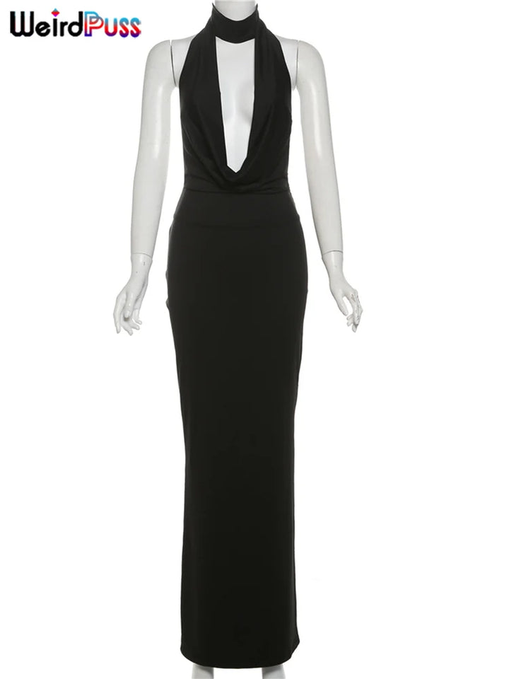 Weird Puss Hollow Halter Backless Bodycon Dress