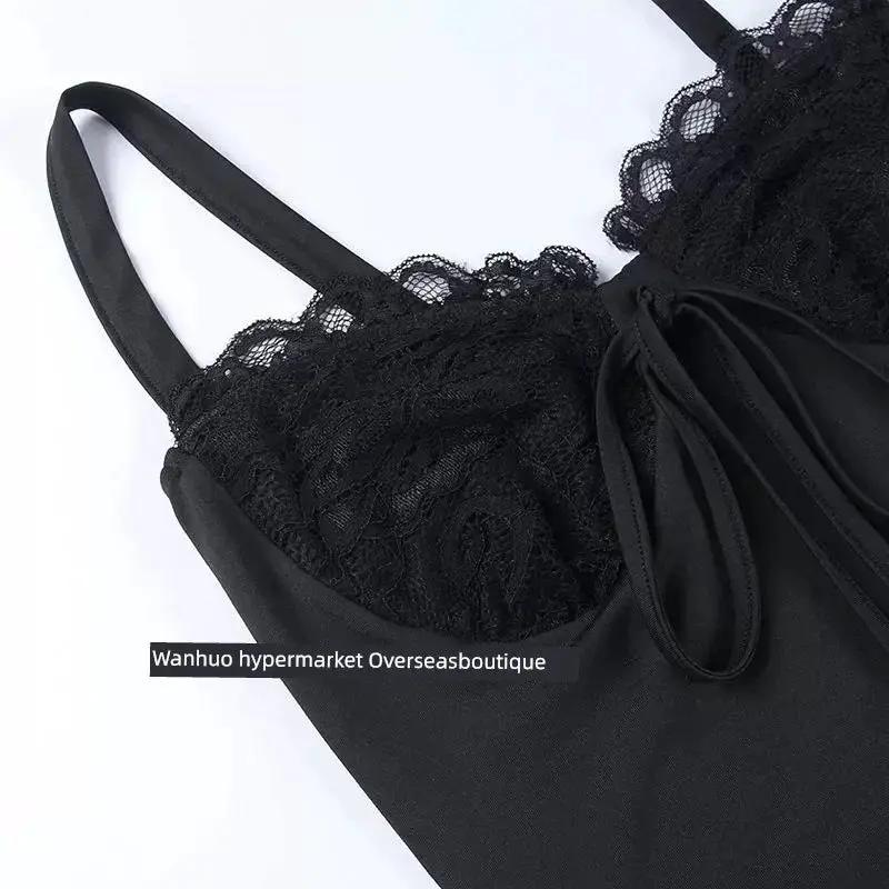 Split Spy Girl Strap Dress V Neck Lace Trim Slim Fit Slit - OurLum.com